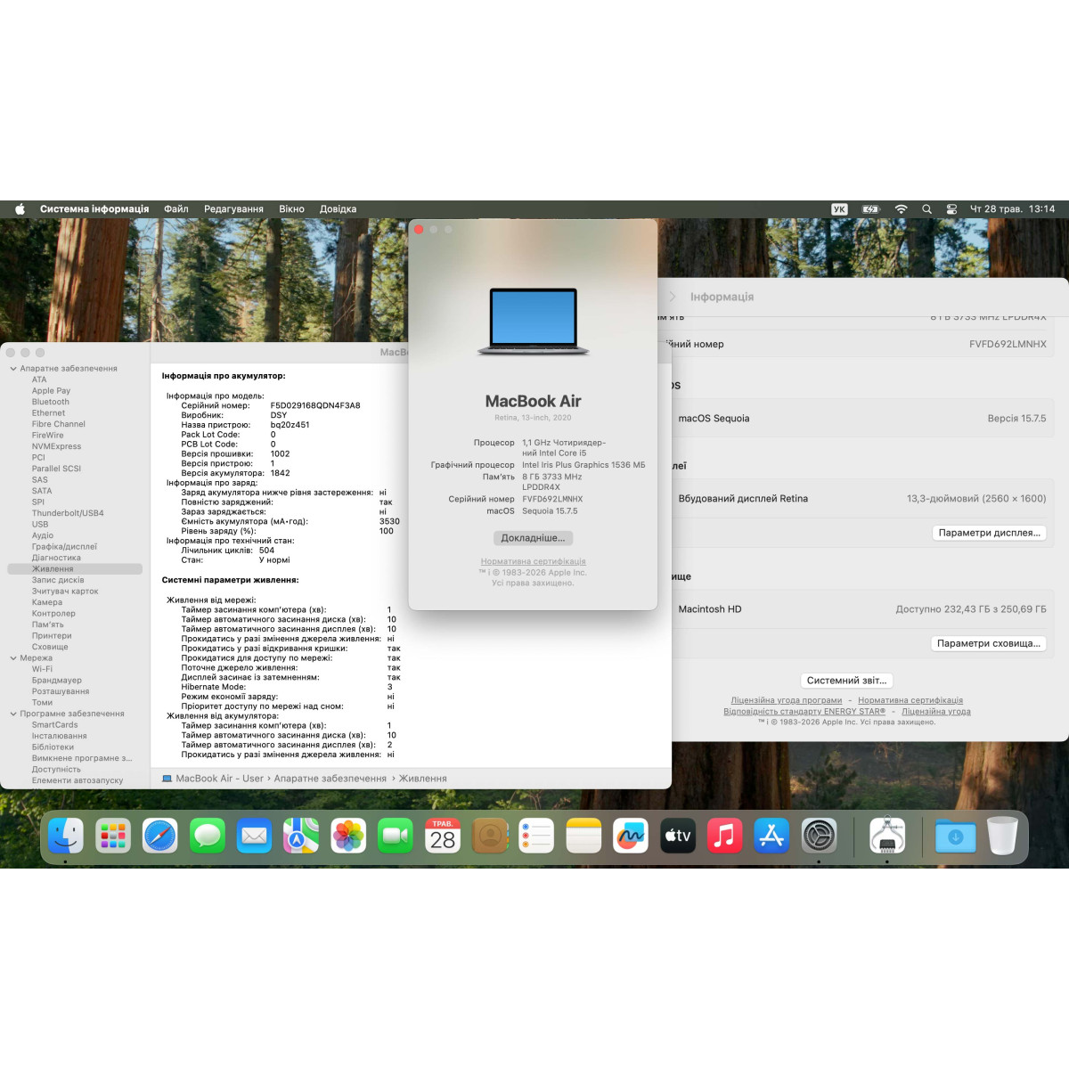 Ноутбук Apple A2179 MacBook Air (2020)/ 13.3" (2560x1600) Retina, IPS/ Intel Core i5 1030NG7 (4 ядра/ 8 поткоків)/ Intel Iris Plus/ 8 GB/ 256 GB SSD (Б\В)